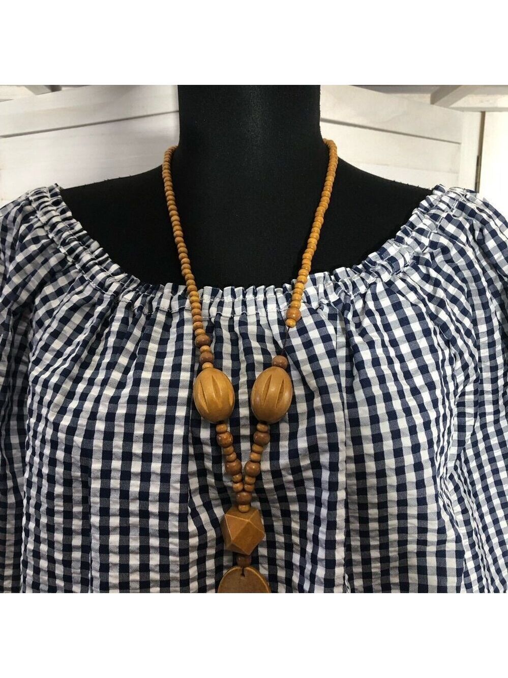 Gingham blouse off-shoulder tie waist coastal country cottage western festival M - Picture 5 of 9